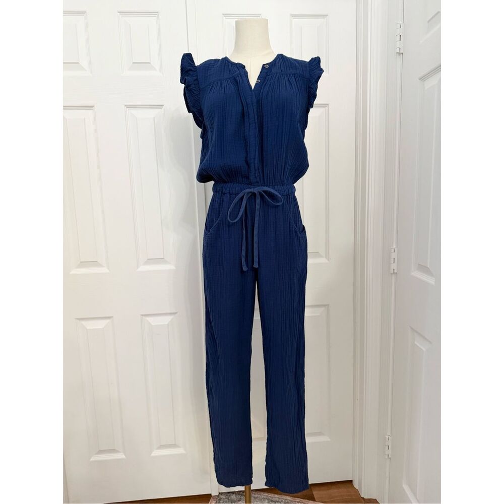 Xirena Loghan Solid Navy Blue Cotton Ruffle Cap Sleeve Jumpsuit Size Small